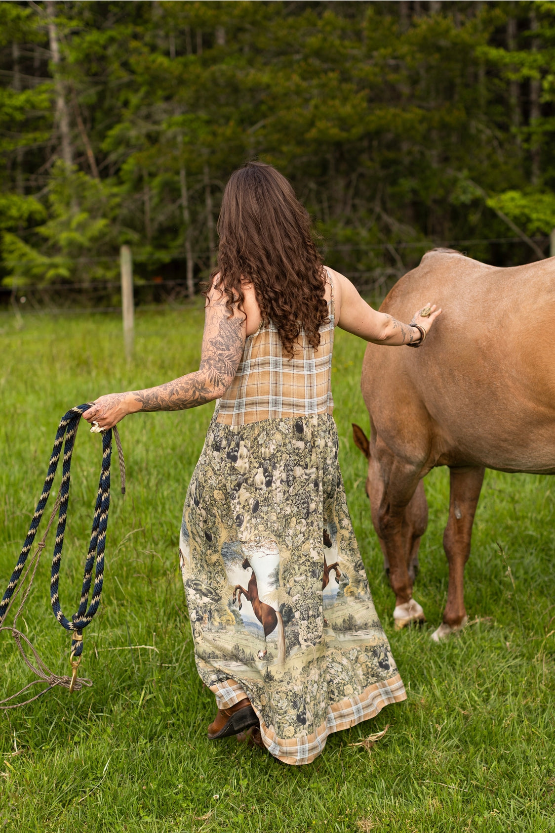 Market Of Stars - Born To Run - Print Bohemian Long Maxi Bamboo Slip Dress - Horse & Plaid