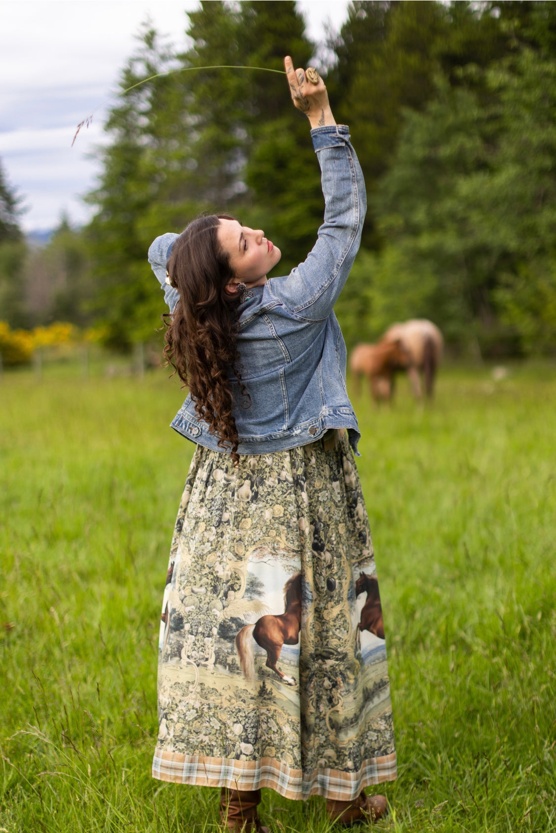 Market Of Stars - Born To Run - Print Bohemian Long Maxi Bamboo Slip Dress - Horse & Plaid