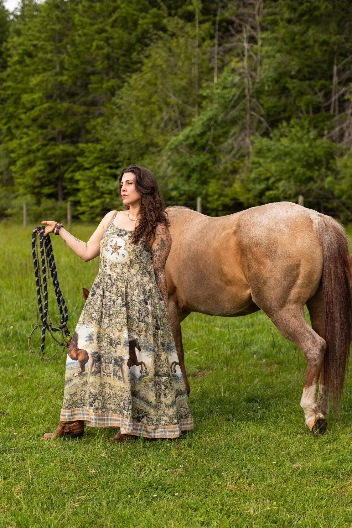 Market Of Stars - Born To Run - Print Bohemian Long Maxi Bamboo Slip Dress - Horse & Plaid