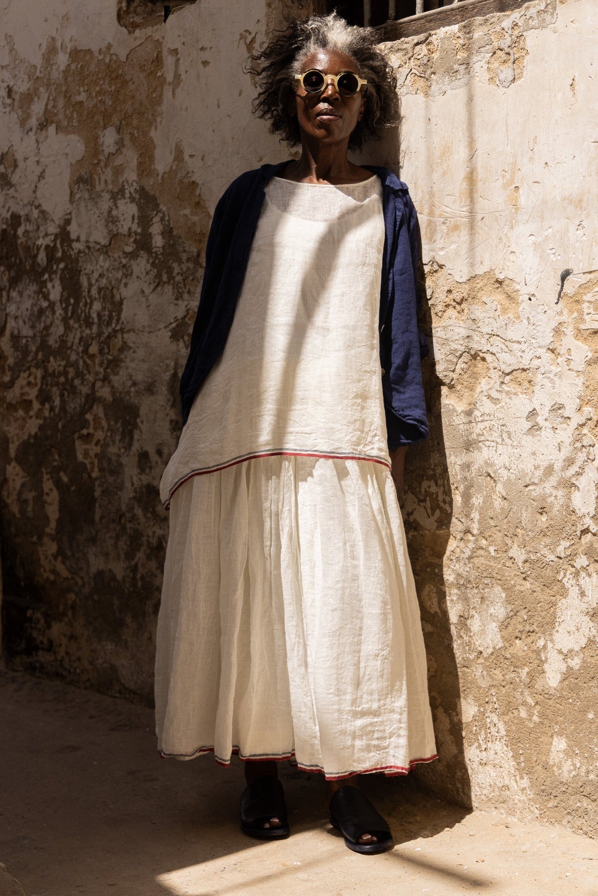 Meg By Design - High Tea Slip Dress Long Gauze Linen - Red & Blue Stripe