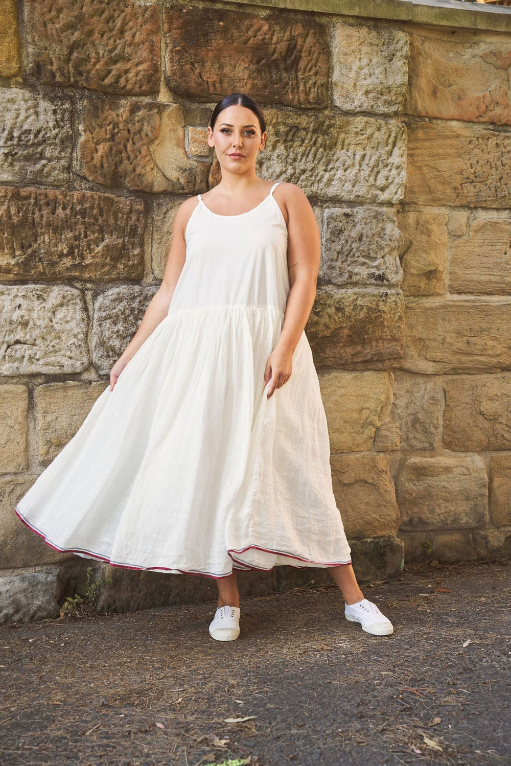 Meg By Design - High Tea Slip Dress Long Gauze Linen - Red & Blue Stripe