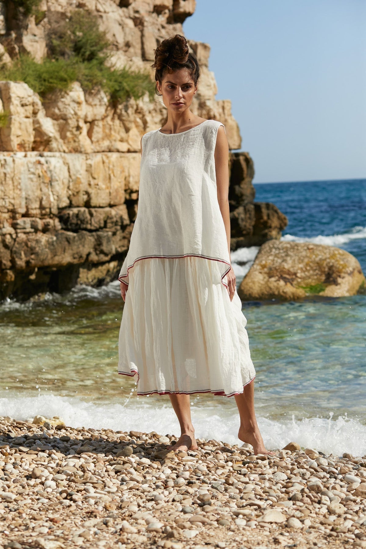 Meg By Design - High Tea Slip Dress Long Gauze Linen - Red & Blue Stripe