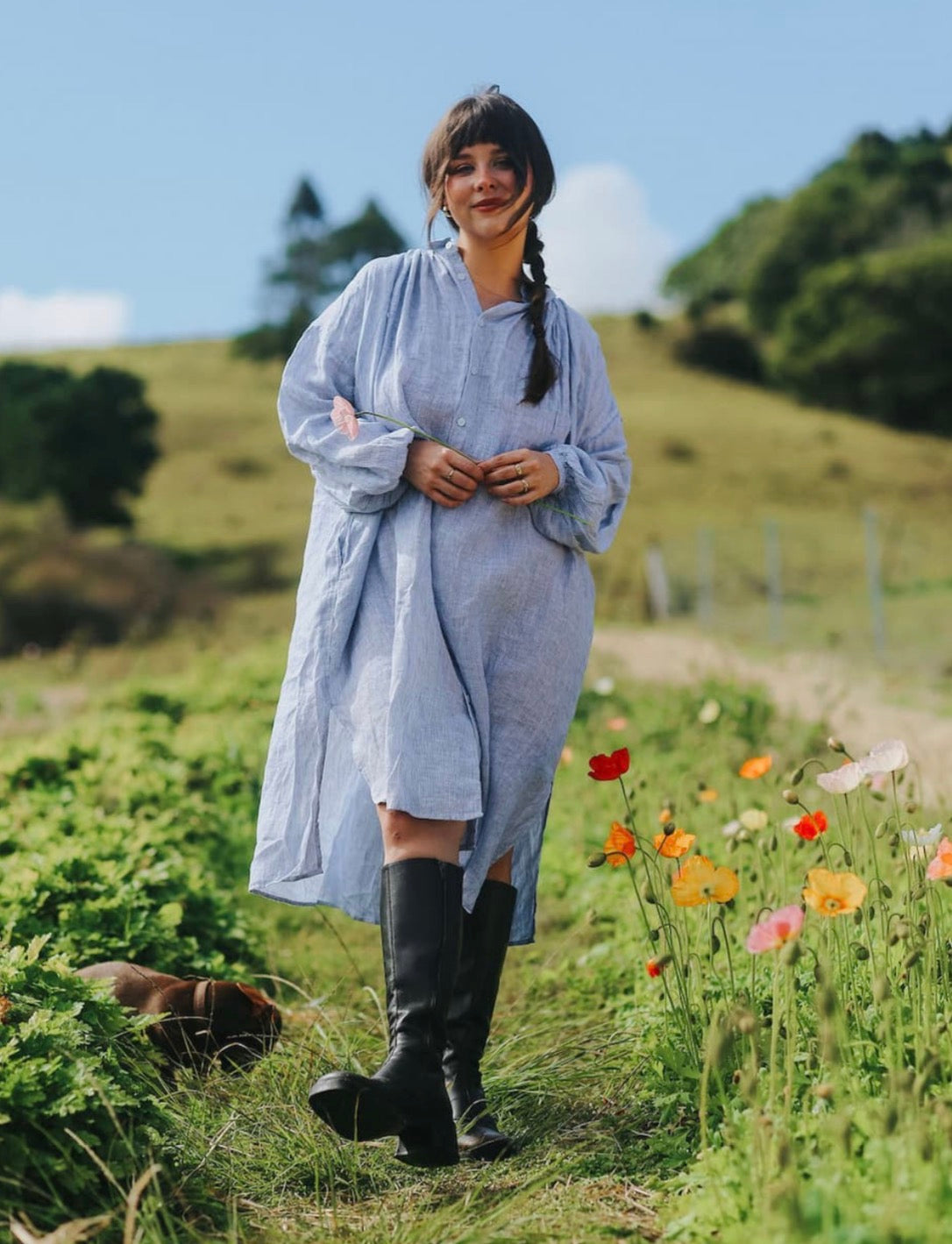 Montaigne - Valentina - French Linen Dress - Blue Fine Stripe