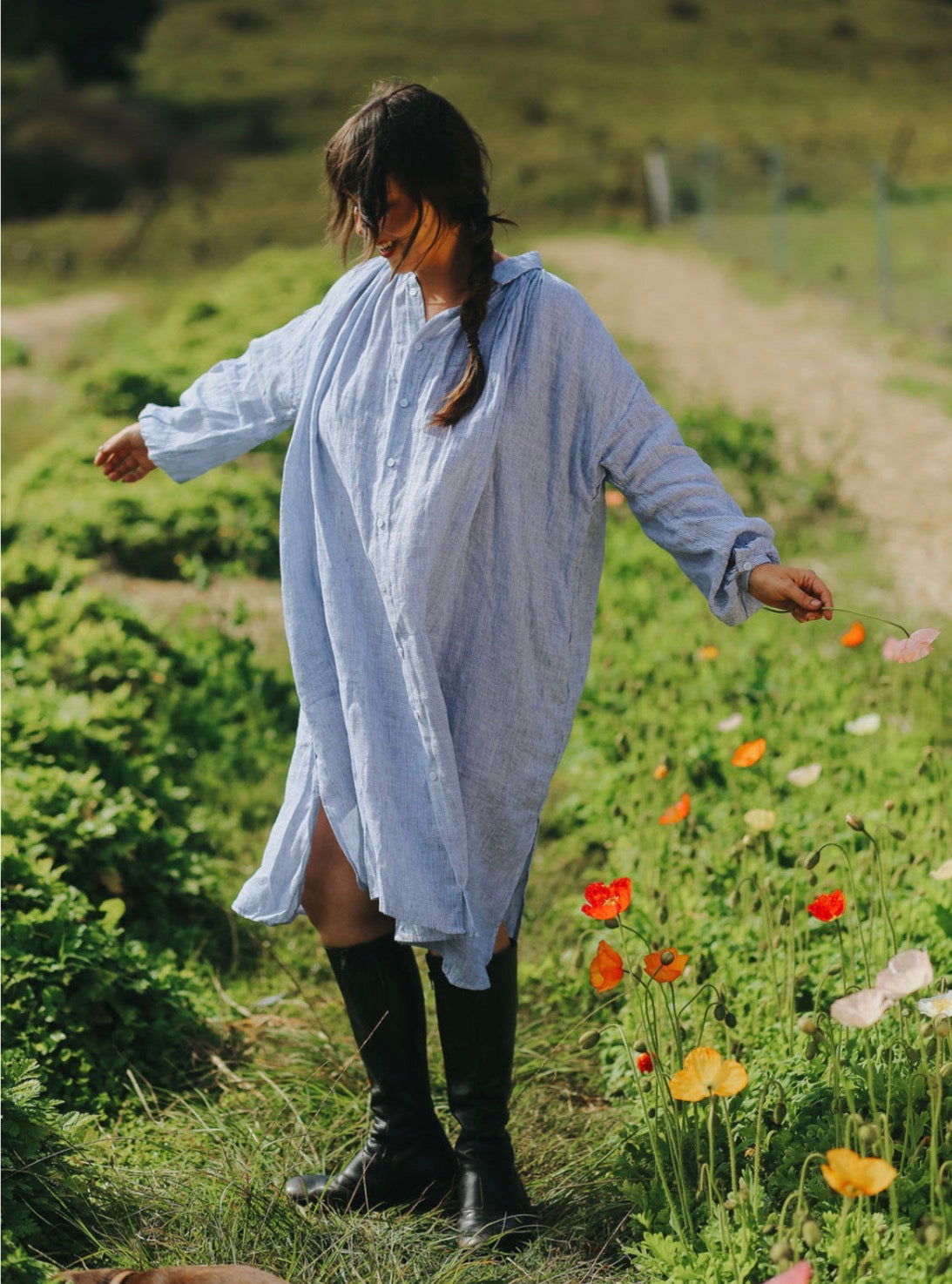Montaigne - Valentina - French Linen Dress - Blue Fine Stripe