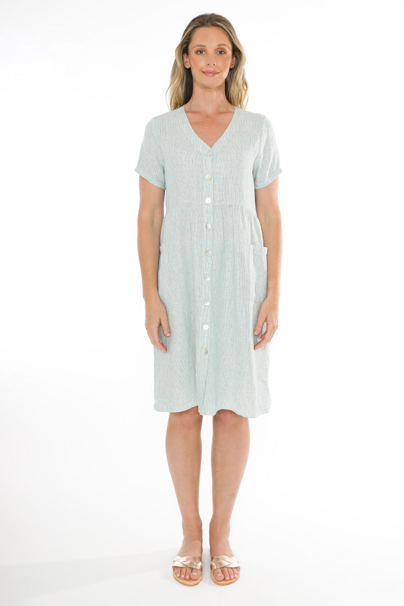 JUMP Clothing 2 Pocket Core Stripe Button Through Linen Shirt Dress - Various Colours