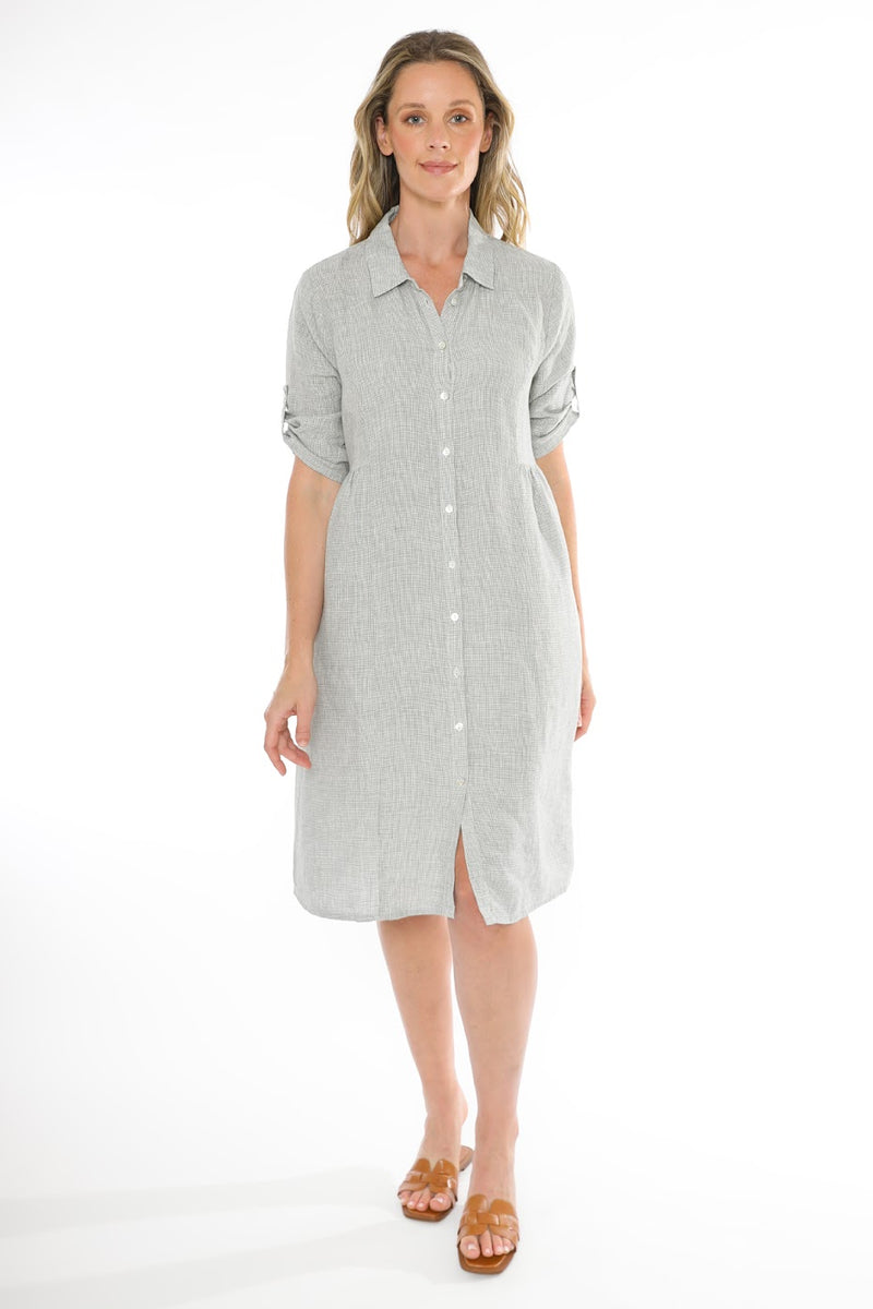 JUMP Clothing Mini Check Linen Dress - Khaki/ White