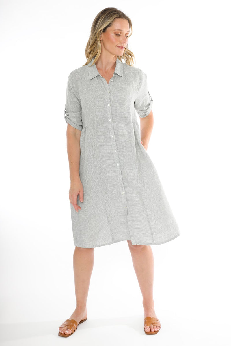 JUMP Clothing Mini Check Linen Dress - Khaki/ White