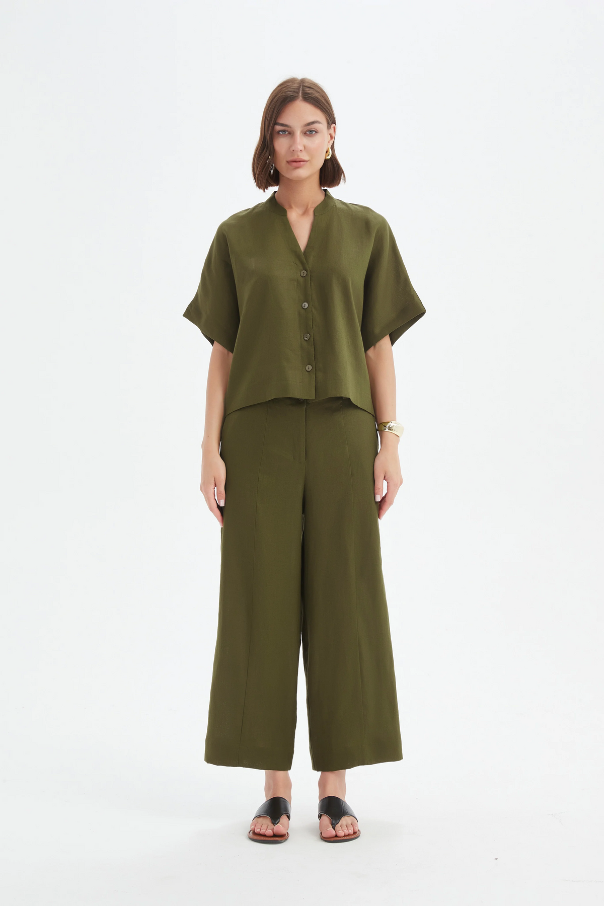 Tirelli - Boxy Button Linen Shirt - Dark Moss