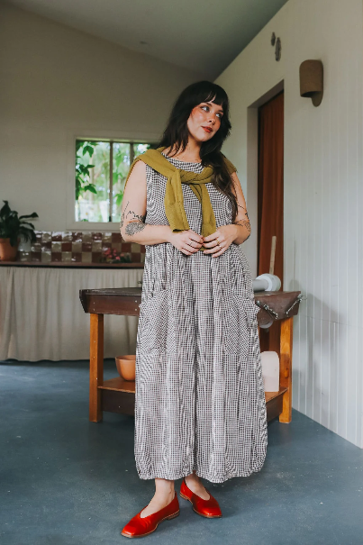 Montaigne - Sartene - French Linen Dress - Tiny Brown Gingham Check