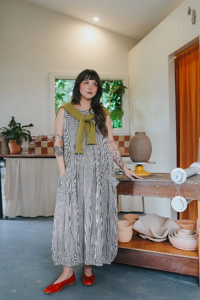 Montaigne - Sartene - French Linen Dress - Tiny Brown Gingham Check