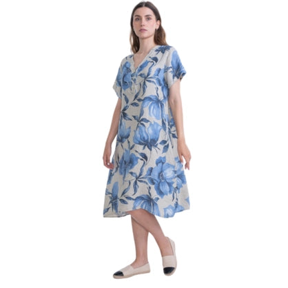 Vera May ‘Sabbia‘ Italian Linen Dress - Blue/Natural