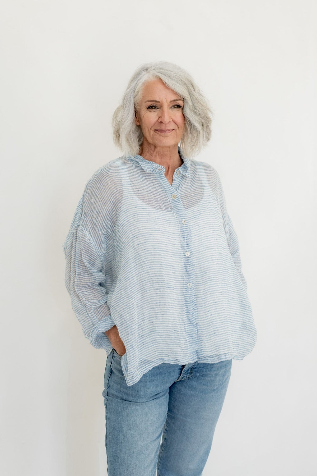 Meg By Design - Hamilton - Gauze Linen Shirt - Little Blue Stipe