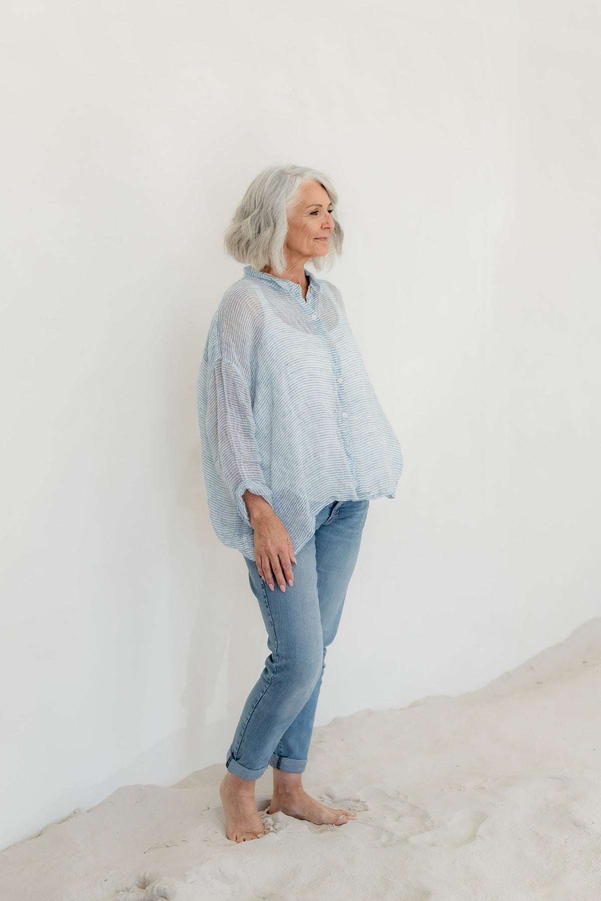 Meg By Design - Hamilton - Gauze Linen Shirt - Little Blue Stipe
