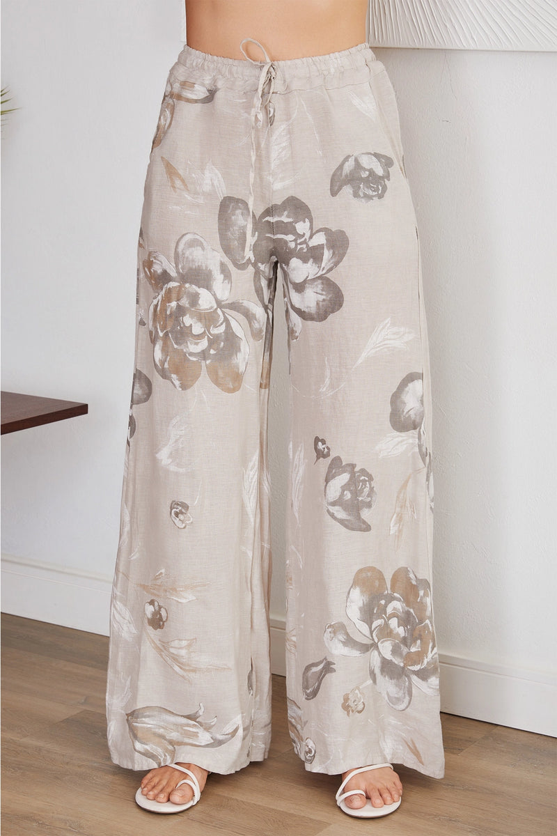 ‘Pansy’ Floral Drawstring Italian Linen Pants - Beige