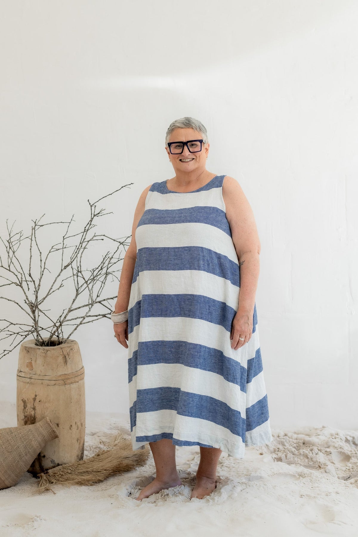 Meg By Design - Bronte - Linen Sleeveless Dress - Blue Stripe