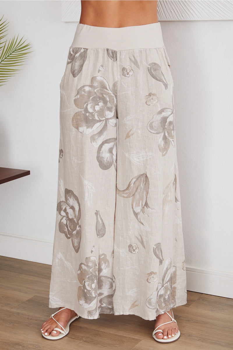 ‘Pansy’ Floral Wide Leg Italian Linen Pants - Beige