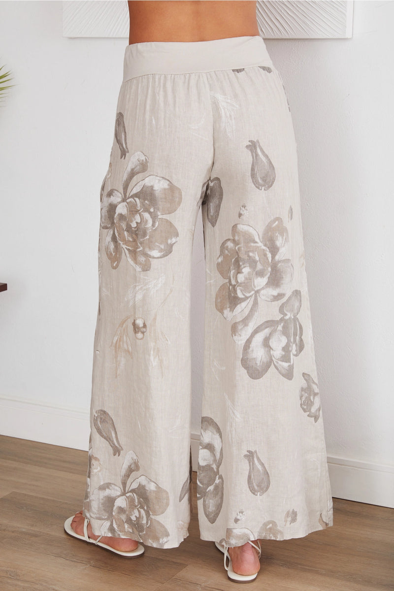 ‘Pansy’ Floral Wide Leg Italian Linen Pants - Beige