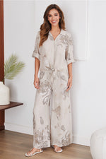 ‘Pansy’ Floral Wide Leg Italian Linen Pants - Beige