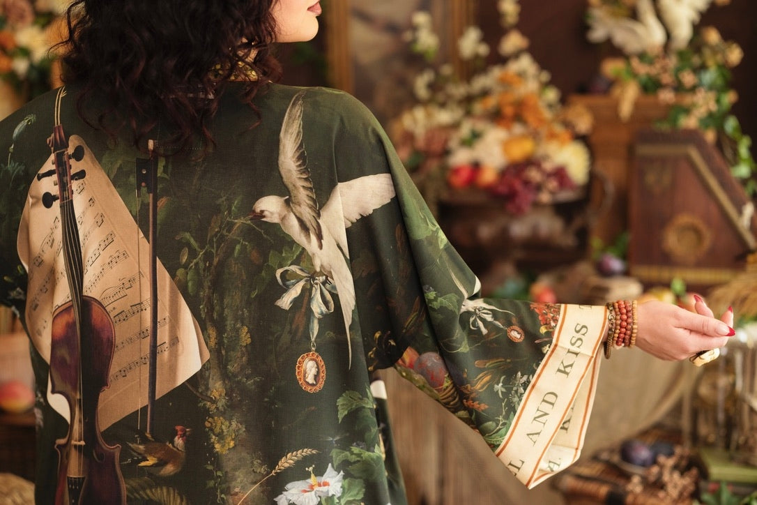 Market Of Stars - Labour of Love - Opera Duster Kimono Duster Robe - Florals & Violin