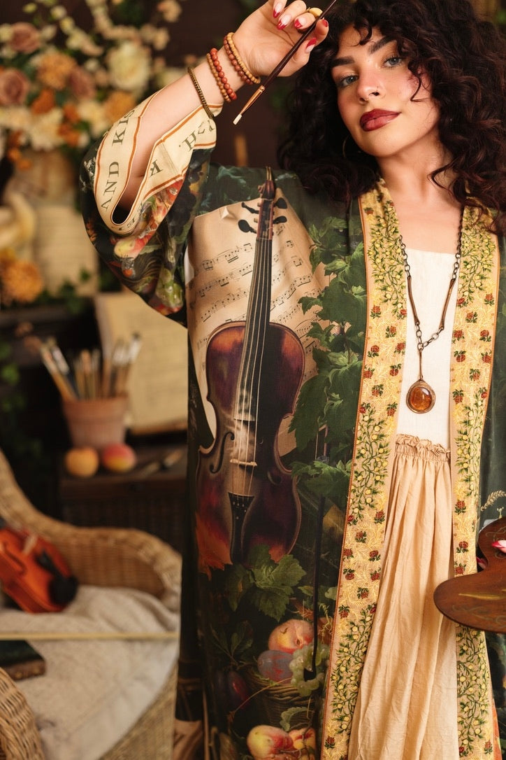 Market Of Stars - Labour of Love - Opera Duster Kimono Duster Robe - Florals & Violin