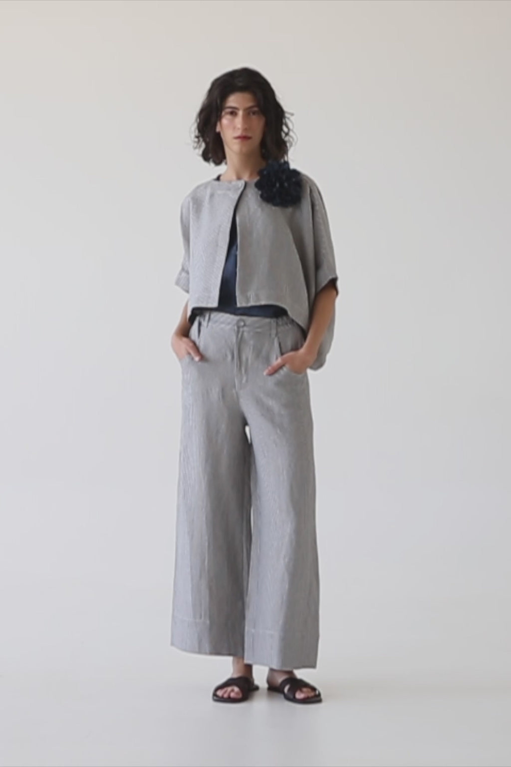 Eva’s Sunday - Bowie - Wide Leg Linen Pant - Chambray Stripe