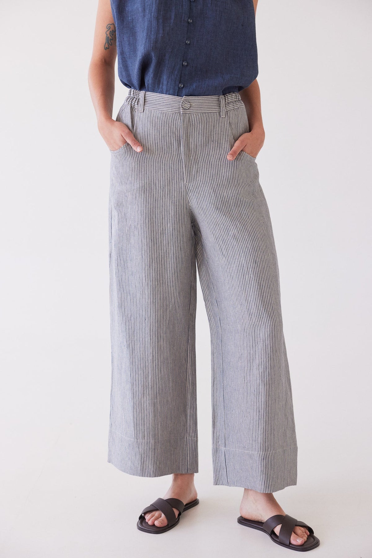 Eva’s Sunday - Bowie - Wide Leg Linen Pant - Chambray Stripe