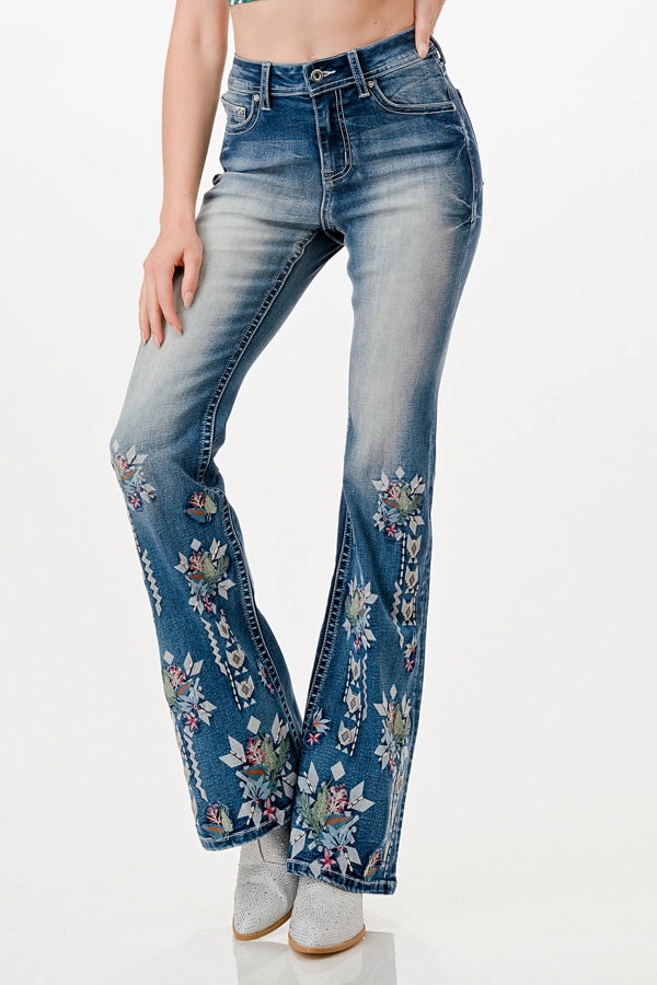 Floral Embroidery High-Waist Flare 32" Jeans - LAST PAIR - Size 27