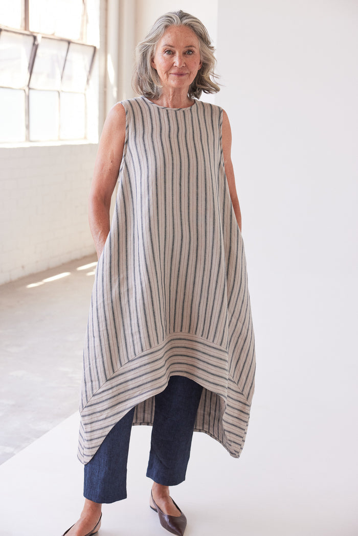 Eva’s Sunday - Mia - Midi Linen Dress - Navy Stripe