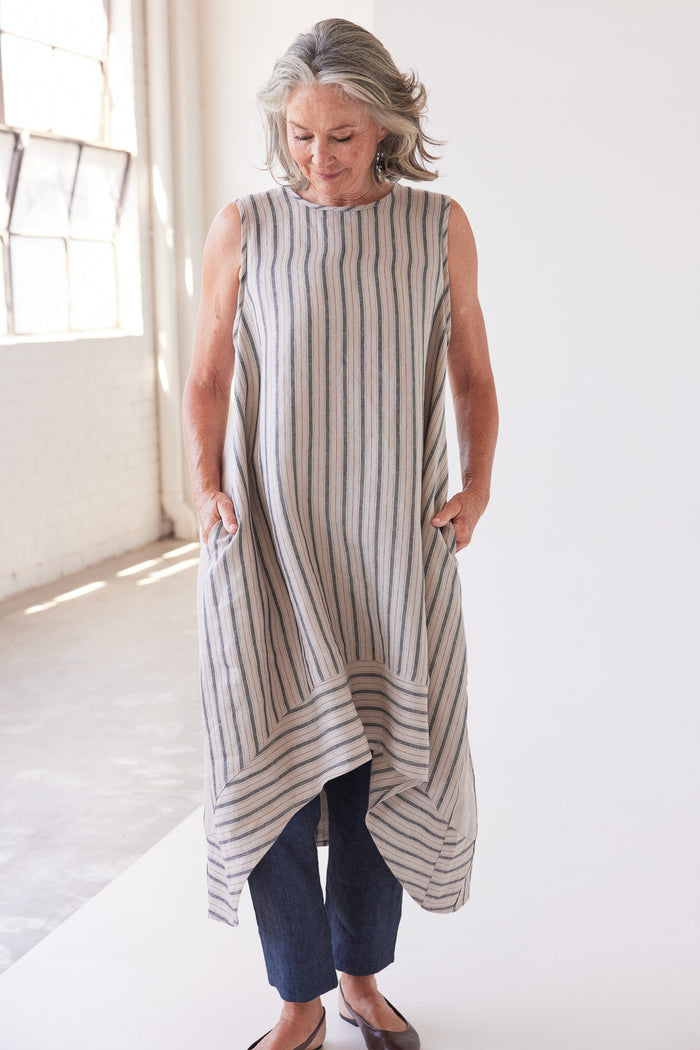 Eva’s Sunday - Mia - Midi Linen Dress - Navy Stripe