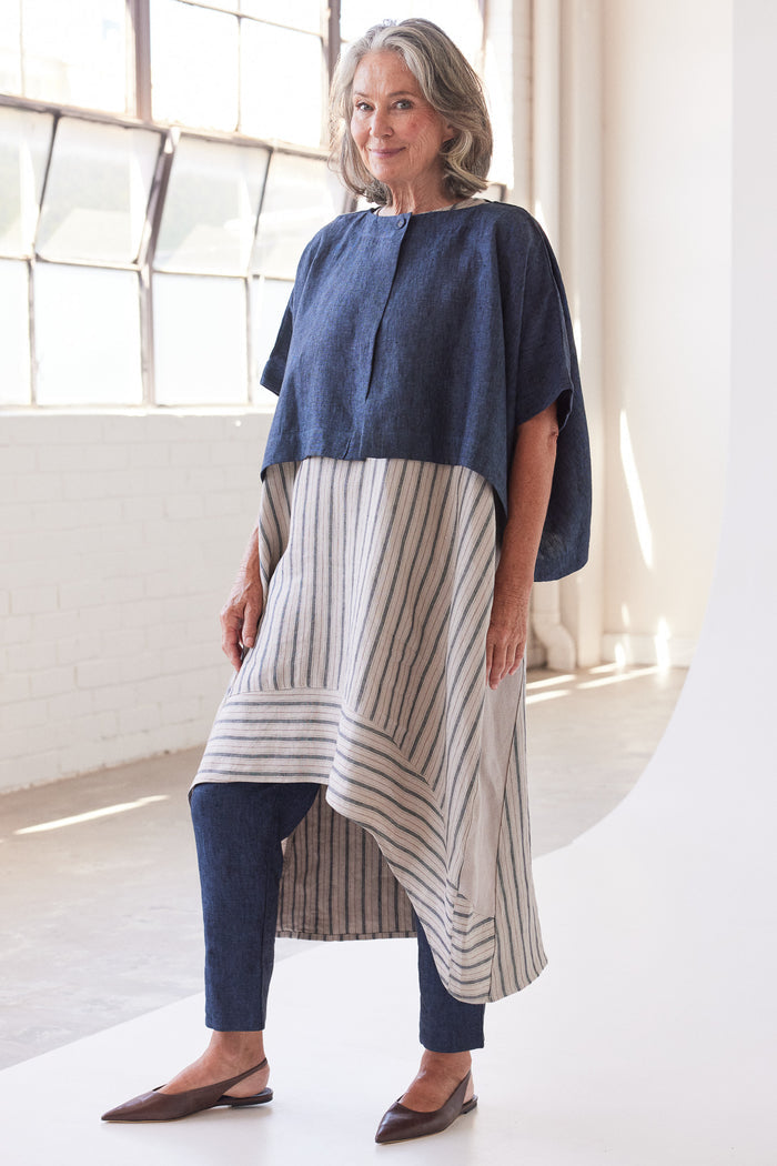 Eva’s Sunday - Mia - Midi Linen Dress - Navy Stripe