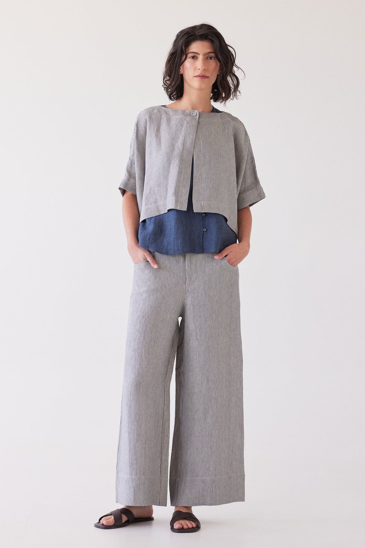 Eva’s Sunday - Tussie - Capelet Linen Jacket - Chambray Stripe