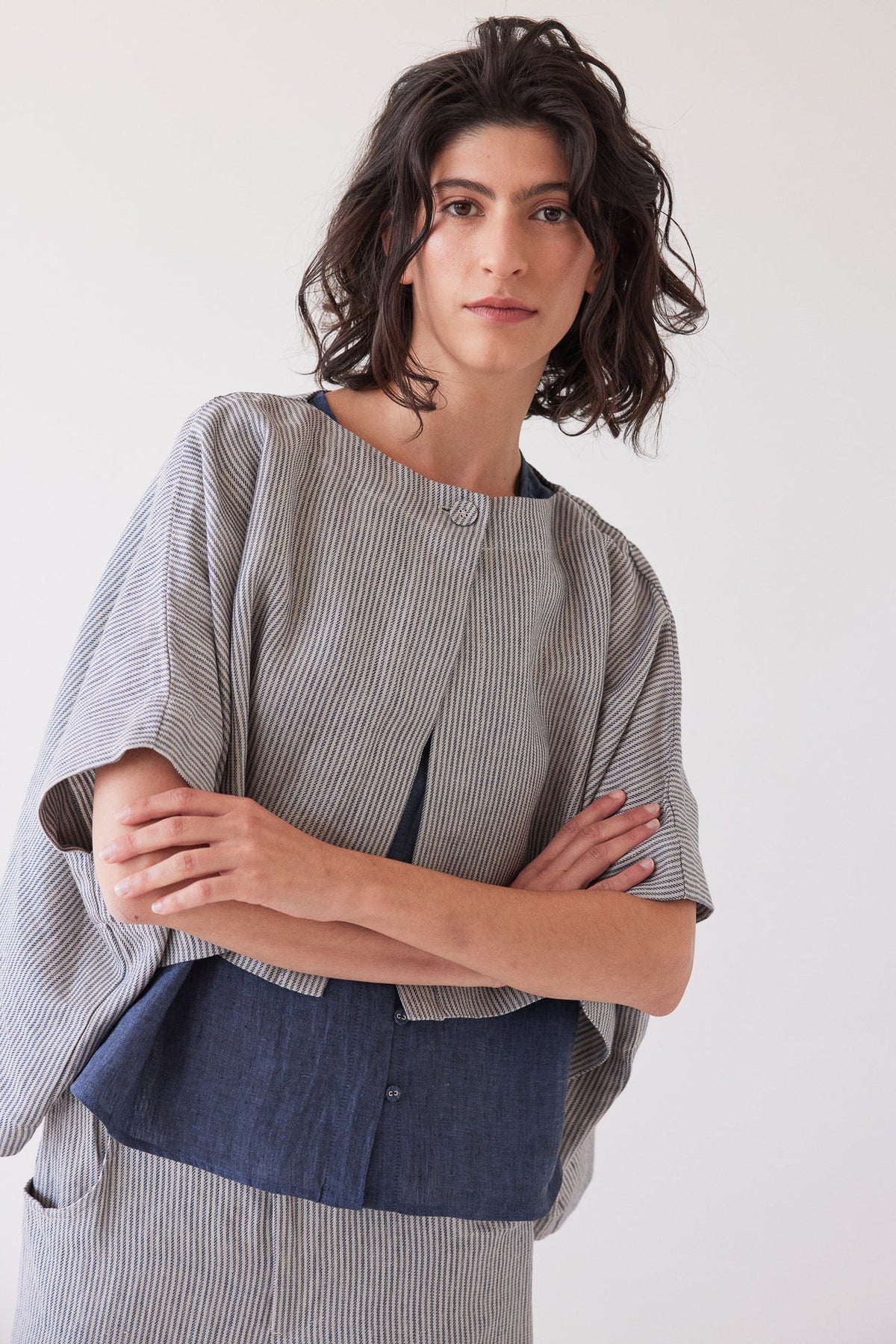 Eva’s Sunday - Tussie - Capelet Linen Jacket - Chambray Stripe