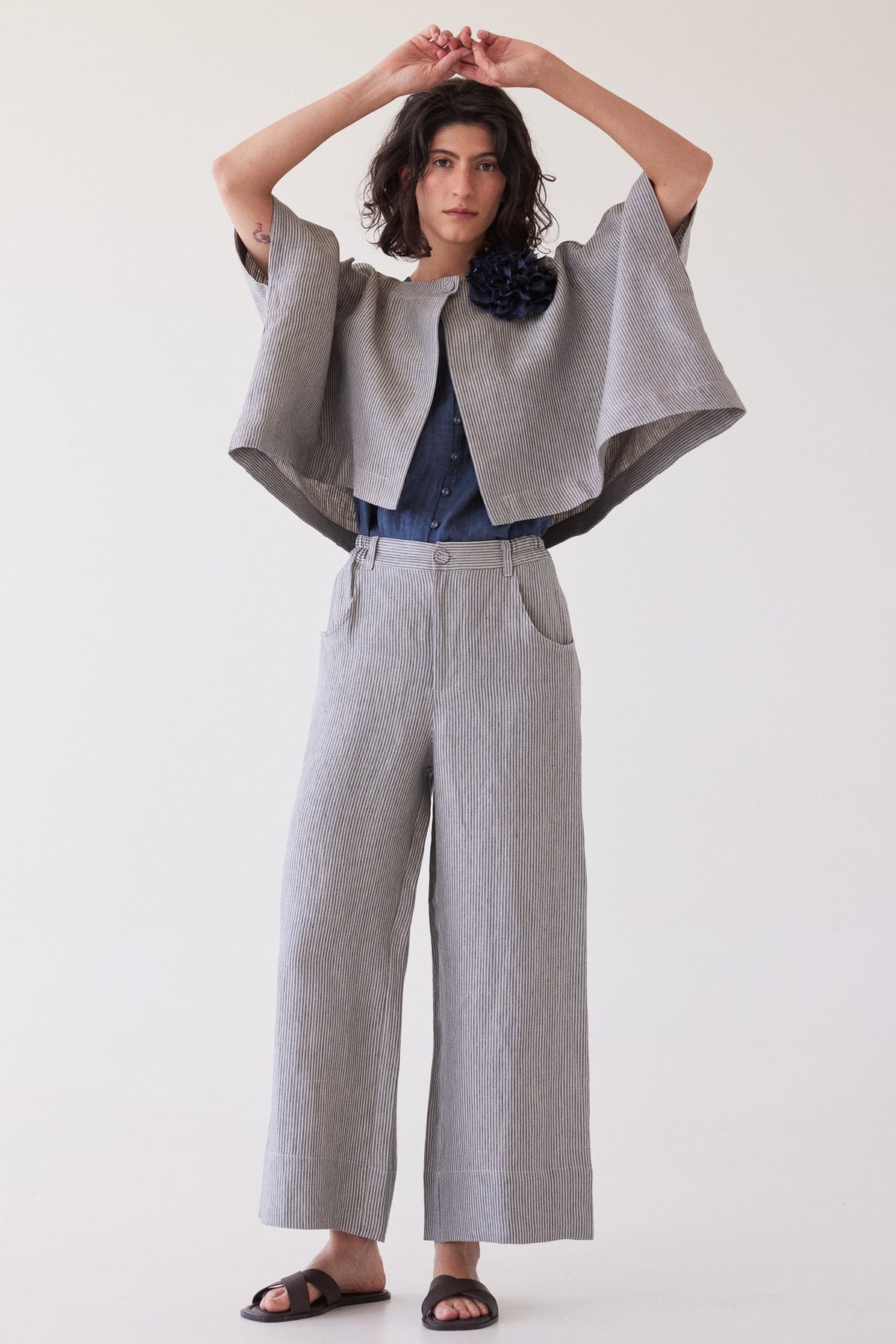 Eva’s Sunday - Tussie - Capelet Linen Jacket - Chambray Stripe