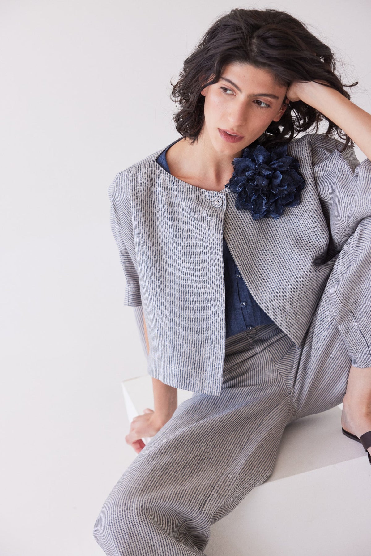 Eva’s Sunday - Tussie - Capelet Linen Jacket - Chambray Stripe