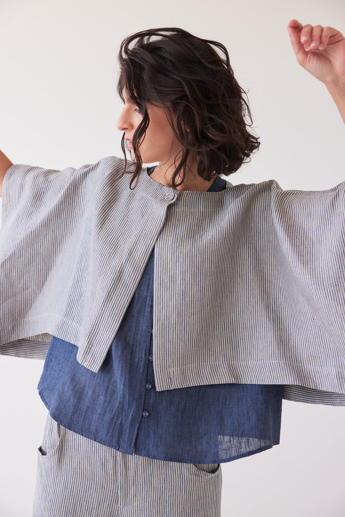 Eva’s Sunday - Tussie - Capelet Linen Jacket - Chambray Stripe
