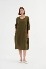 Tirelli Diagonal Seam Linen Dress -  Dark Moss