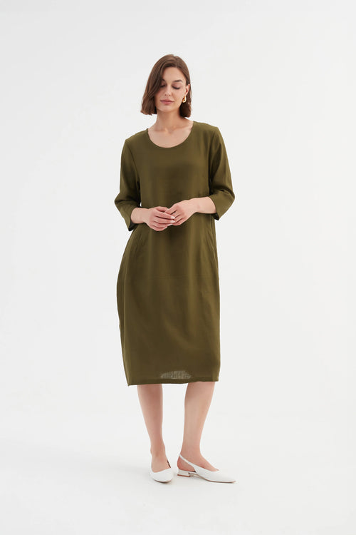 Tirelli Diagonal Seam Linen Dress -  Dark Moss