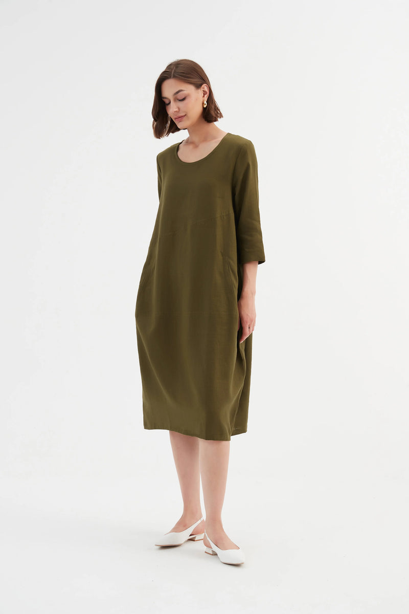 Tirelli Diagonal Seam Linen Dress -  Dark Moss