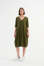 Tirelli V Neck Diagonal Seam Dress - Moss