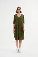 Tirelli V Neck Diagonal Seam Dress - Moss