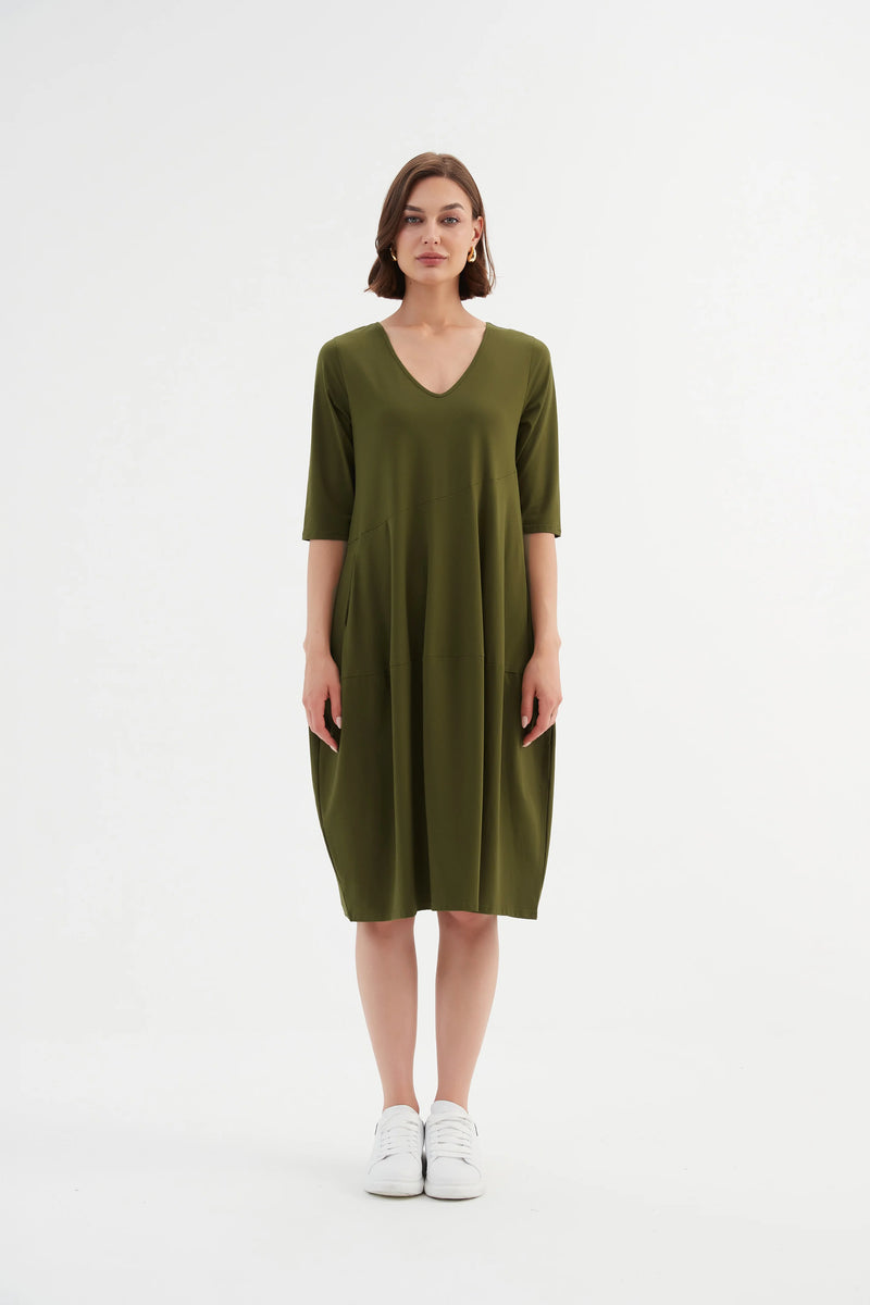 Tirelli V Neck Diagonal Seam Dress - Moss