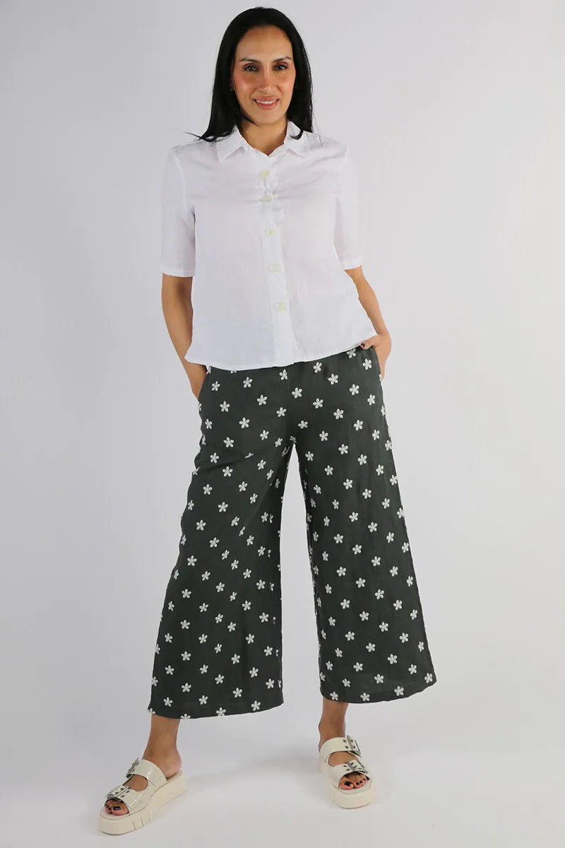 Blueberry - Embroidered Daisy Palazzo Pants - Various Colours