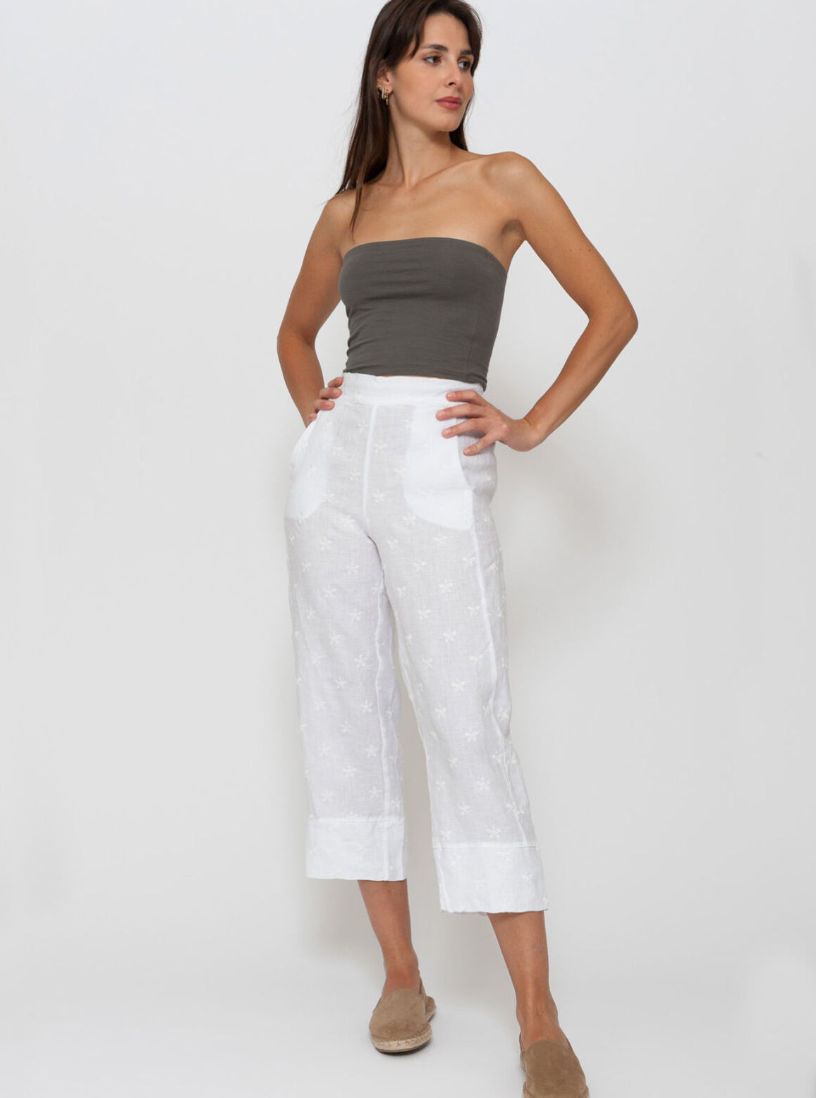 Blueberry - Italian Linen Embroidered 7/8 Cropped Pant - Beige