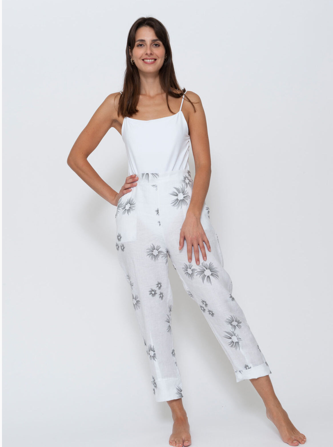 Blueberry - Italian Linen Urchin Print Pants - Beige