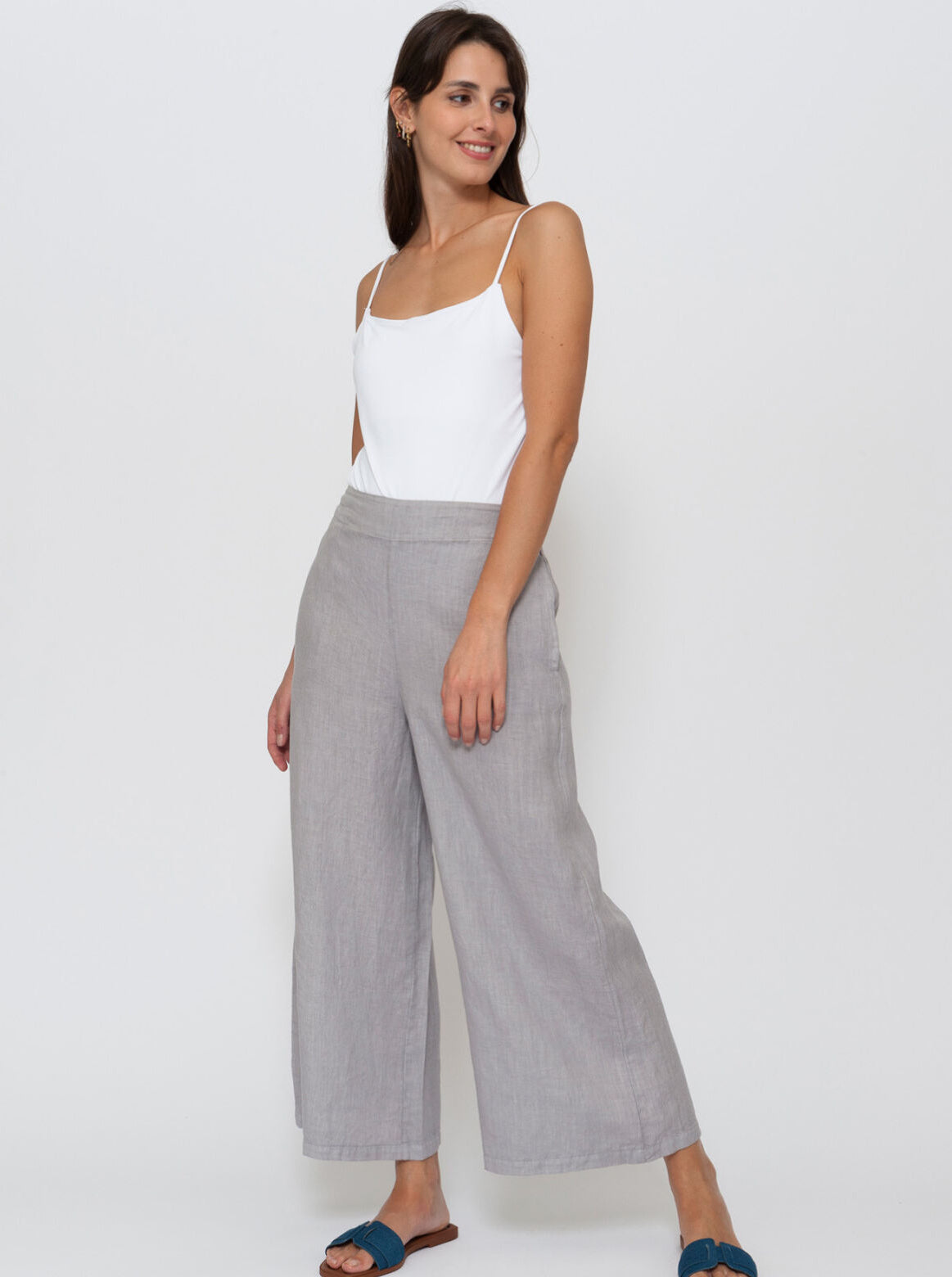 Blueberry - Solid Colour Fluid Palazzo Pants - Ash