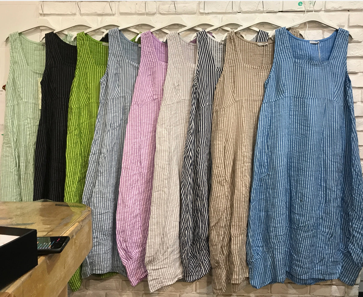 Italian Linen Sleeveless Striped Dress - Various Colours