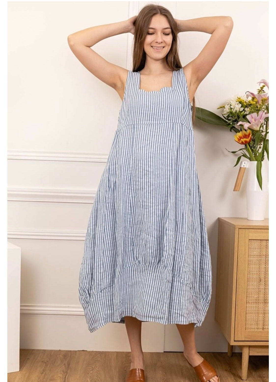 Italian Linen Sleeveless Striped Dress - Various Colours