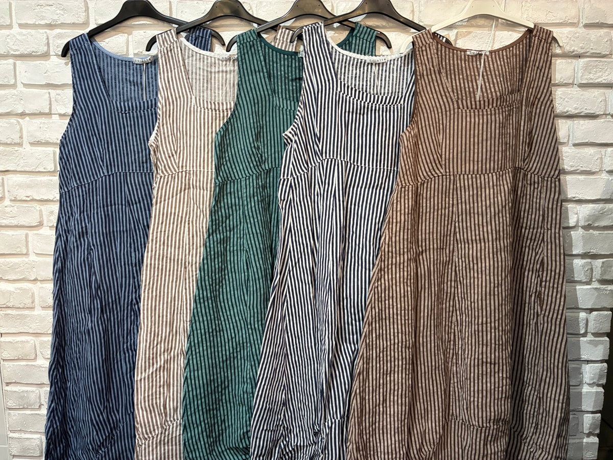Italian Linen Sleeveless Striped Dress - Various Colours