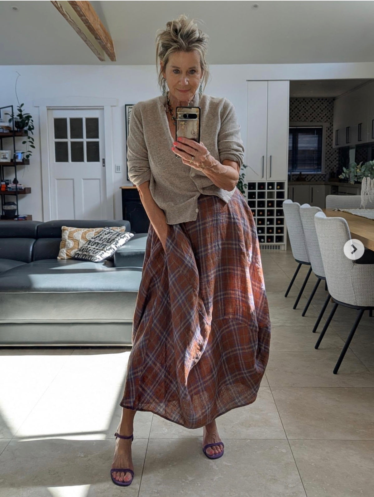 Montaigne - Lavigne - Asymmetrical Linen Skirt - Plaid Brown/Lilac - 119