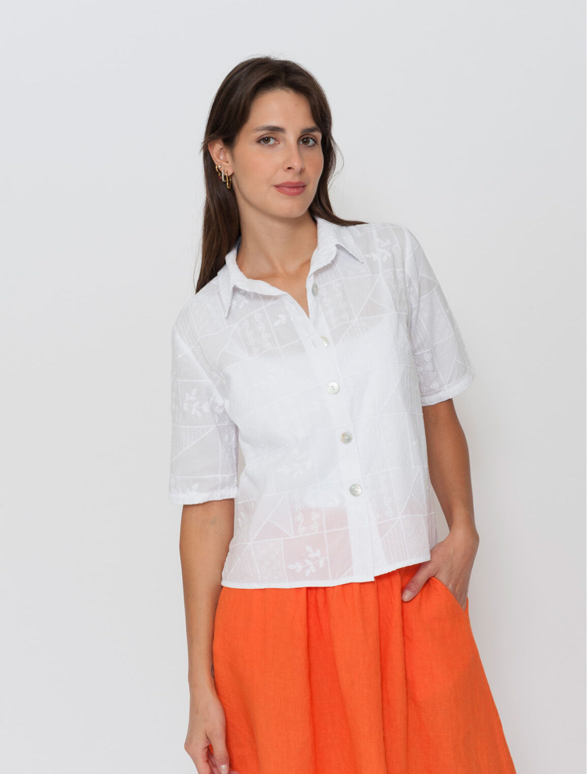 Blueberry Italia Textured Cotton Embroidered Shirt - White